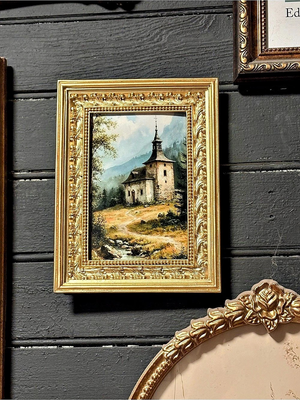 Ornate Gold Framed Country Church Landscape Art Cottagecore & Moody Decor